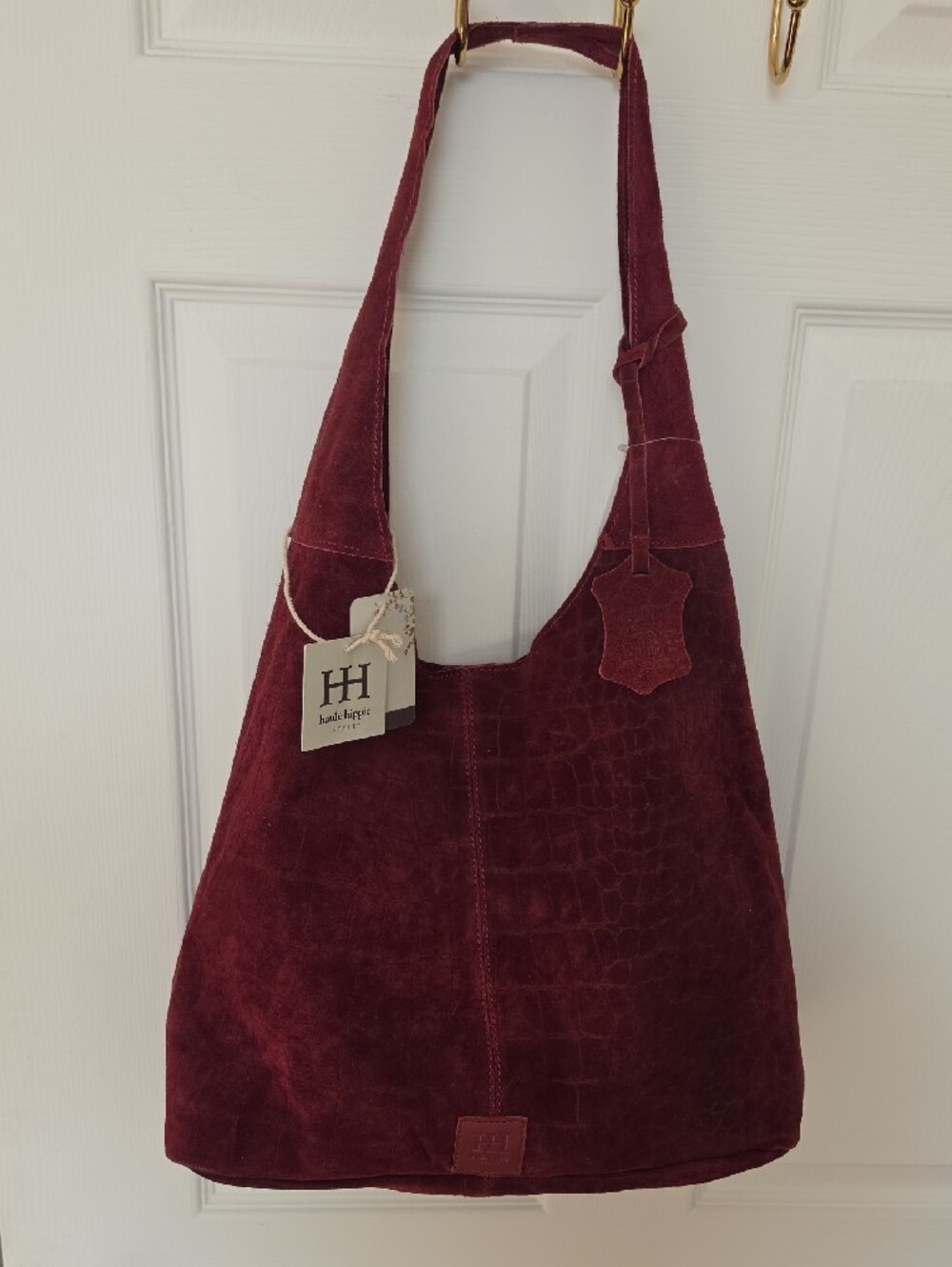 Handmade Suede Croc-Embossed Hobo Bag - Burgundy - Picture 4 of 7